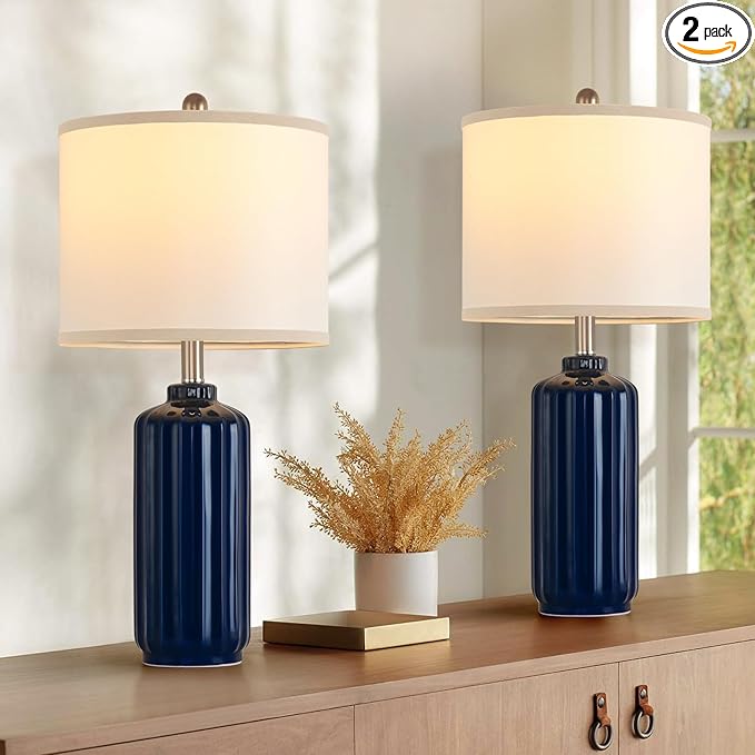 Lamp for Living Room Bedroom Lamps Farmhouse Table Lamps Set of 2 Vertical Stripe Ceramic Table Lamp,Linen Shade with Bulb, 25 in High,Navy Blue