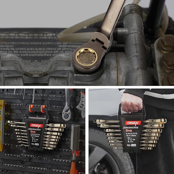 DISEN 90 Teeth Ratchet Wrenches Set 8 Pieces, Flex Head Ratcheting Wrench Set Metric 8 10 12 13 14 15 17 19MM, Nickel Plating Cr-V Constructed with Organizer Rack