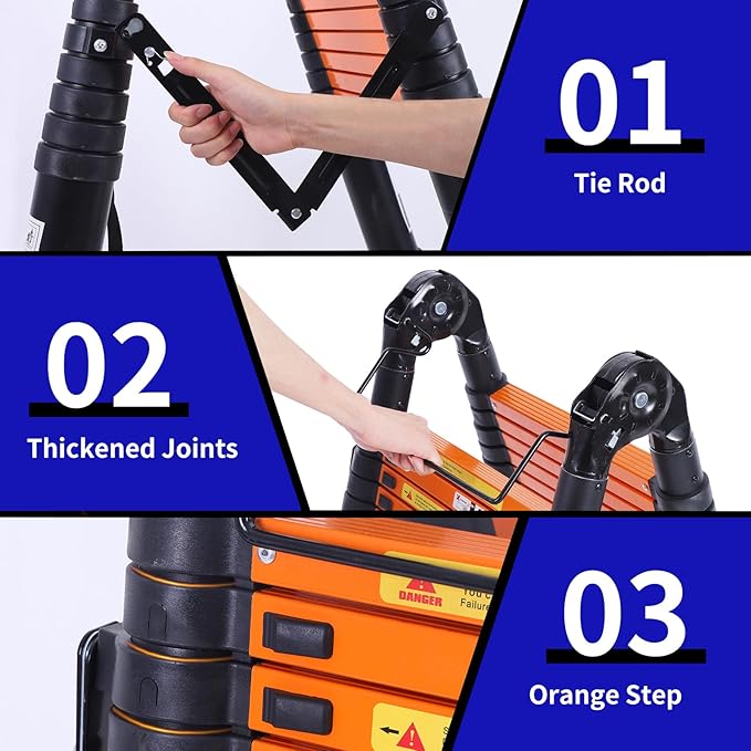 JADDUO Telescoping Ladder A Frame,12.5 Ft Compact Aluminum Extension Ladder,Portable Telescopic RV Ladder for Outdoor Camper Trips Motorhome with Tool Platform and Stabilizer Bar 330 lbs, Black Orange