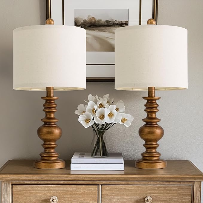 BOBOMOMO 20" Antique Gold Table Lamps Set of 2 – Handcrafted Vintage Bedside Lamps with Linen Shades, Elegant Farmhouse Lamps for Bedroom, Living Room, or Entryway – Perfect for Compact Spaces