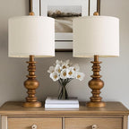 BOBOMOMO 20" Antique Gold Table Lamps Set of 2 – Handcrafted Vintage Bedside Lamps with Linen Shades, Elegant Farmhouse Lamps for Bedroom, Living Room, or Entryway – Perfect for Compact Spaces