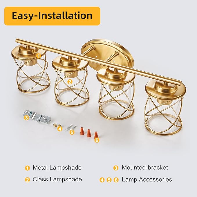 mavcadonf Bathroom Vanity Light Fixtures Over Mirror, 4 Lights Modern Bathroom Wall Lamp for Mirror Kitchen Living Room Hallway Cabinet Porch, Farmhouse Wall Lights with Cage Shade, Brushed Gold