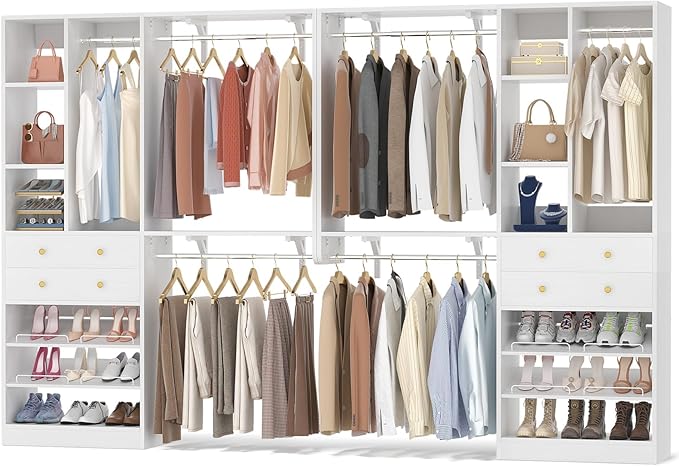 10FT Closet System with 4 Drawers, 120" Closet Organizer System with 6 Hanging Robs & Reversible Hanging Shelving, Closet Systems for Walk-in Closets, Load 2000+LBS, White 2 Pack