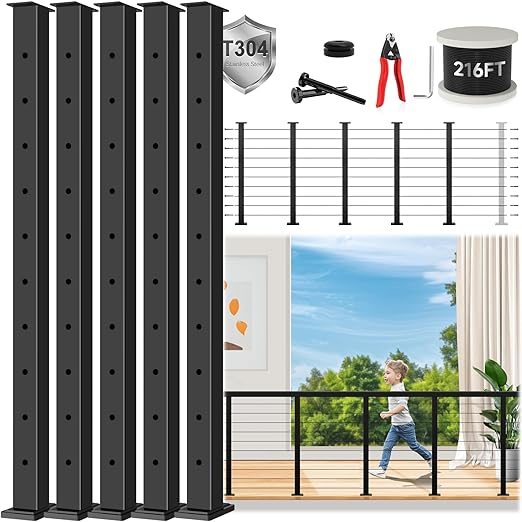 36" Expandable 16-20FT Black T304 Cable Railing Post Kit, Complete Cable Railing System with 5 Level Posts & 216ft 1/8" Wire Rope(No Handrail), Adjustable Length Easy DIY for Decks/Porch