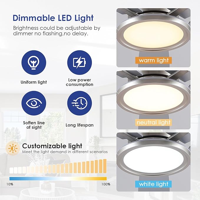 52" RGB Ceiling Fan with Light and Remote/App - Flush Mount Ceiling Fan Light with Reversible Mute Motor, RGB Ring, 5 Dual-Sided Blades, Low Profile Ceiling Fans for Indoor, Party