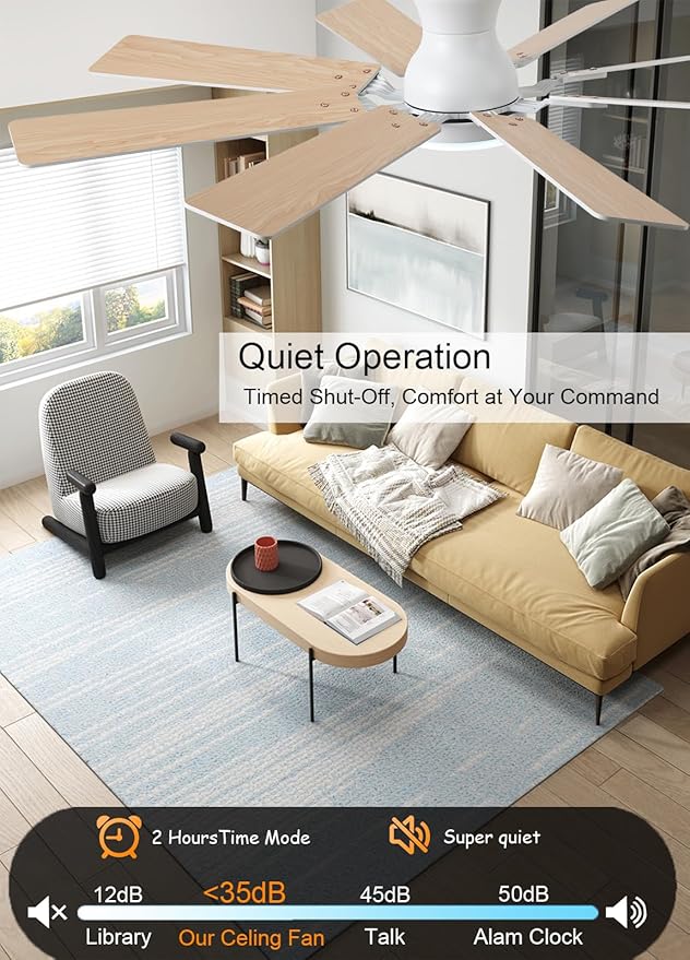 52 inch Ceiling Fan with Light, 6 Speeds Reversible Low Profile Ceiling Fan with Light and Remote/APP Control, 3 Color Temp+Dimmable RGB, 8 Blades, Flush Mount Quiet Ceiling Fans, White