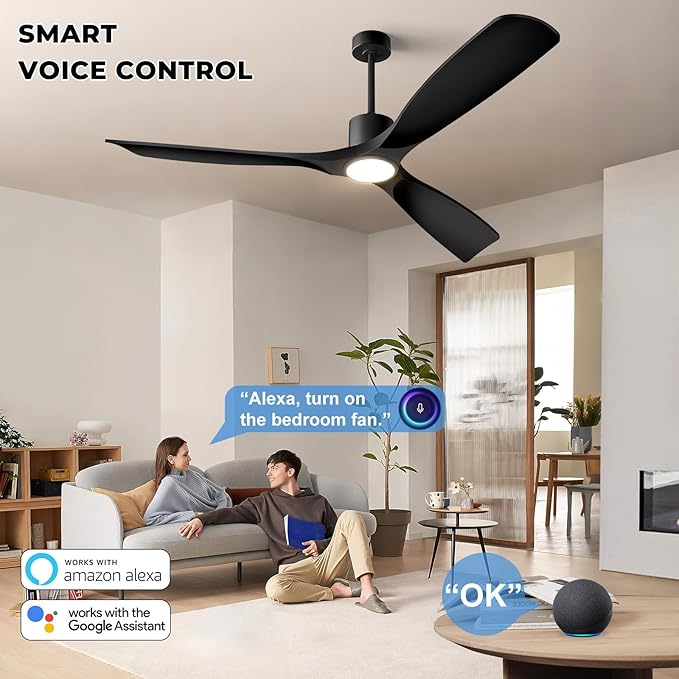 52" Smart Ceiling Fan with Lights,Outdoor Ceiling Fan Work with Alexa/Gg/App/Remote,3-Color Light Dimmable 6-Speed Quiet Reversible for Patio Porch Bedroom,Black