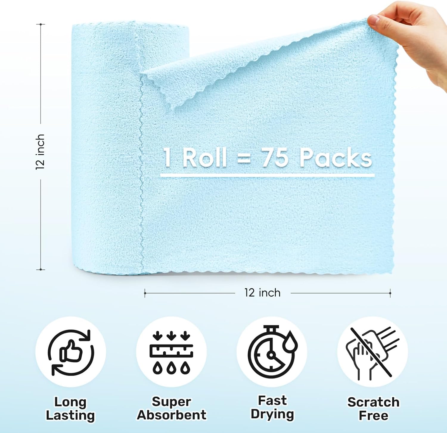 Microfiber Cleaning Cloths Roll, 75 Pack Tear Away Microfiber Towels Roll, 12" x 12" Lint Free Rags, Reusable Cleaning Cloths, Washable, Scratch Free,Ultra Absorbent Dish Rags(Blue)
