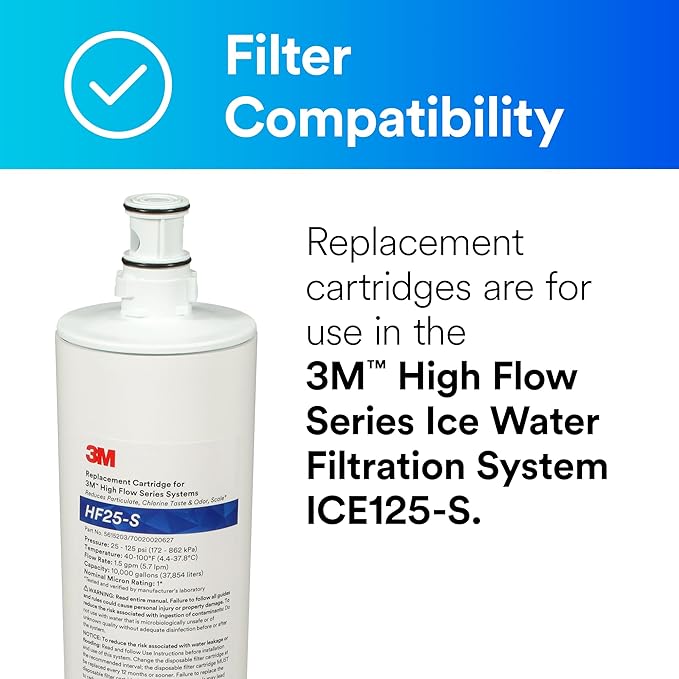 3M HF25-S High Flow Series 3M Genuine Replacement Filter Cartridge for ICE125-S Water Filter System, Reduces Chlorine, Taste and Odor, Scale, and Particulate 1 Micron, 1.5 gpm, 5615203 (Pack of 6)