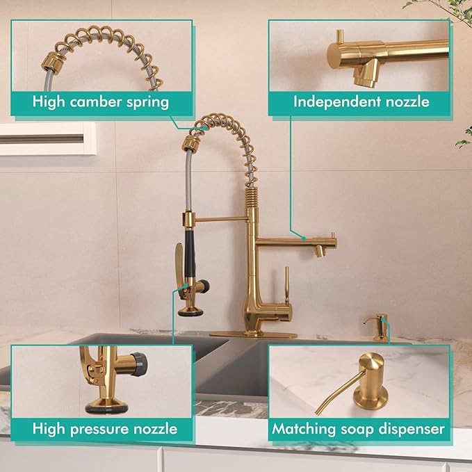GIMILI Commercial Kitchen Faucet with Pull Down Sprayer, Double Headed Single Handle High Pressure Kitchen Faucet with Soap Dispenser Brushed Gold