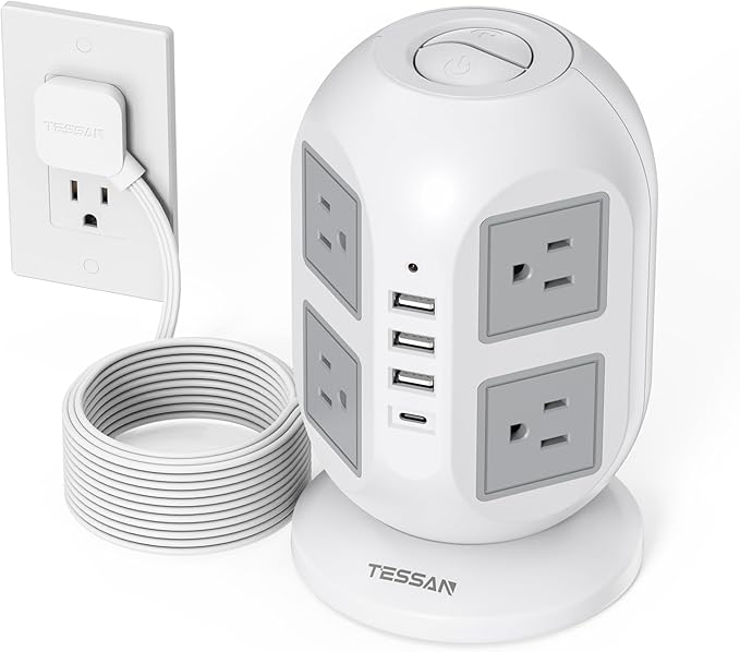 TESSAN Tower Surge Protector Power Strip 10 ft, Long Flat Extension Cord with Multiple Outlets, 8 AC Outlets with 4 USB Ports (1 USB C), Charging Station with Surge Protection, for Home Office Dorm