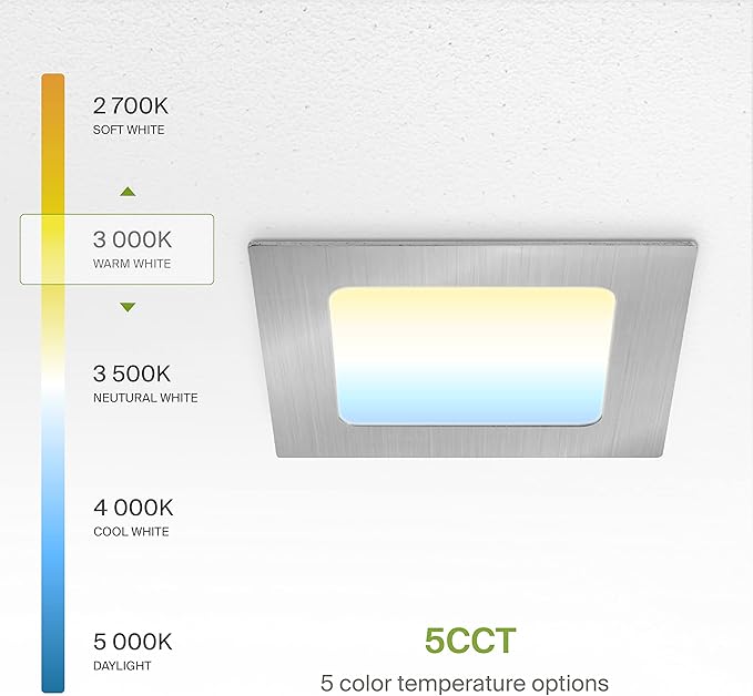ASD 6 Pack LED Square Recessed Lighting 4 Inch, 5 CCT 2700K-5000K, 12W 50W Eqv, Ultra Thin Dimmable Ceiling Lights with J Box, Canless Wafer Downlight, Slim Panel Light, UL Energy Star, Brushed Nickel
