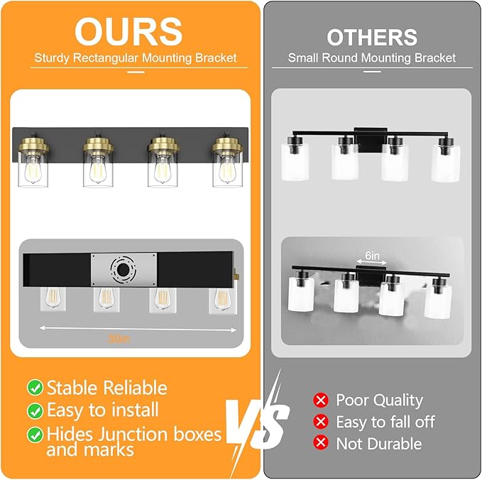 IZORRO Bathroom Vanity Light Fixture, 4-Light 27.5 Inch Black and Gold Bathroom Light Fixtures Over Mirror, with Clear Glass Shade, Modern Farmhouse Vanity Lights, Rustic Restroom Lighting Fixtures