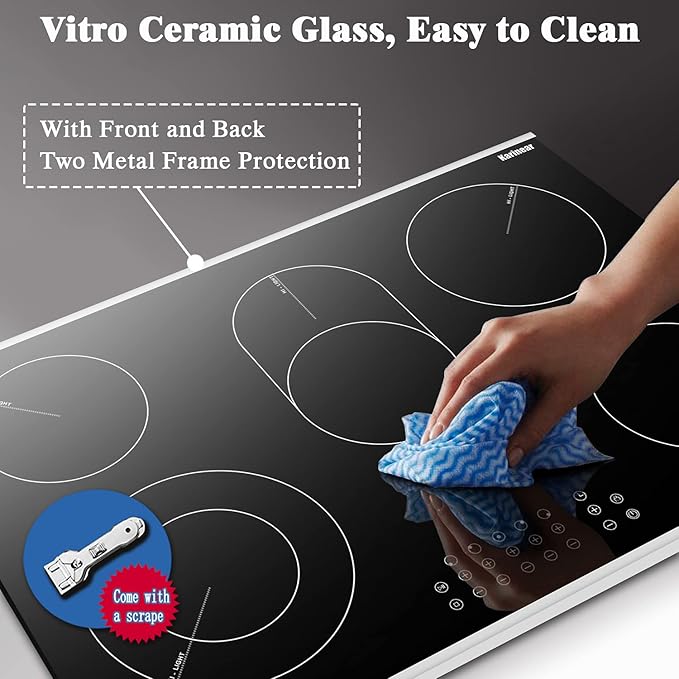 Karinear 30 Inch Electric Cooktop 30 Inch 5 Burners Electric Stove Ceramic Cooktop, Drop-in Electric Radiant Cooktop with Front and Back Metal Frame, Lock, Timer, 8400W, 220-240V, Hard Wire, No Plug