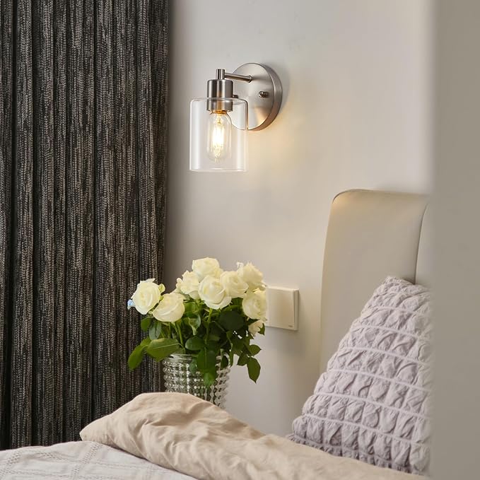 Wall Sconces for Bathroom, Brushed Nickel Vanity Light Fixtures, Modern Wall Mount Lighting Lanterns, Farmhouse Wall Lamps with Clear Glass Shade for Bedroom Living Room Mirror Hallway Porch(2PACK)