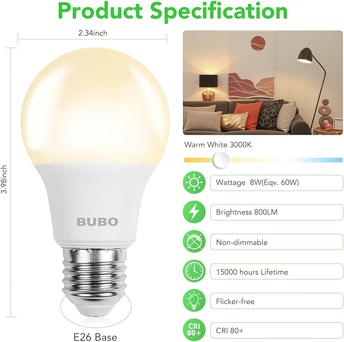 BUBO 36 Pack A19 LED Light Bulbs, 60 Watt Equivalent LED Bulbs, Warm White 3000K, 800 Lumens, E26 Standard Base, Non-Dimmable, 8W Warm White LED Bulbs for Bedroom Living Room Home Office