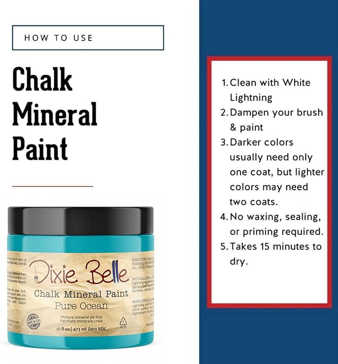 Dixie Belle Paint Company Chalk Finish Furniture Paint - Pure Ocean (16oz) - Matte Bright Teal Chic Chalk Mineral DIY Furniture Paint