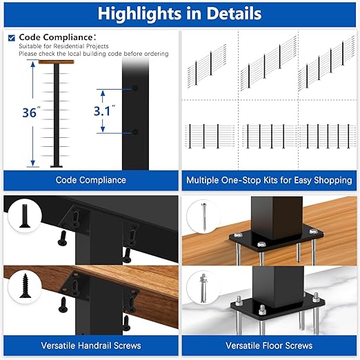36" Expandable 2-8FT Black T304 Cable Railing Post Kit, Complete Cable Railing System with 2 Level Posts & 98ft 1/8" Wire Rope(No Handrail), Adjustable Length Easy DIY for Decks/Porch