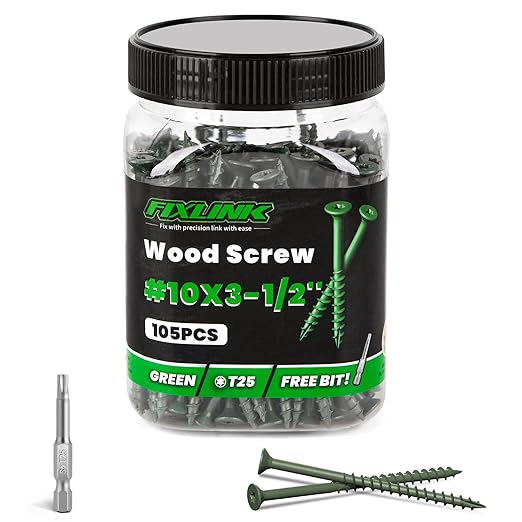 Wood Screws 3-1/2 Inch, FIXLINK Deck Screws #10 x 3-1/2", 105 PCS, Epoxy Coated, T25 Star Bit Above 1500 Hour Salt Spray Coating Outdoor Decking Screws Excellent Rust Resistant for Wood Fence, Green