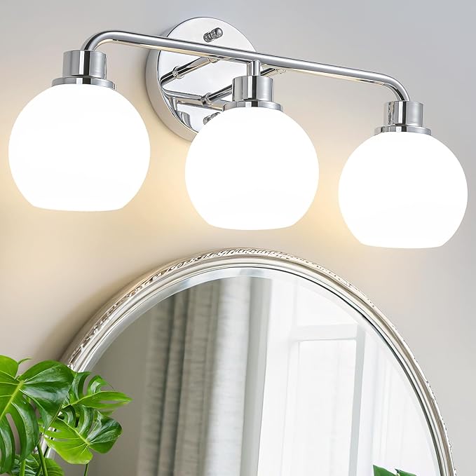Chrome Vanity Light Bathroom Light Fixtures Over Mirror 3 Light Wall Sconces Lighting Silver Lights with Milk Globe Glass Shades Bath Wall Lamp for Mirror Kitchen Living Room Bedroom Hallway