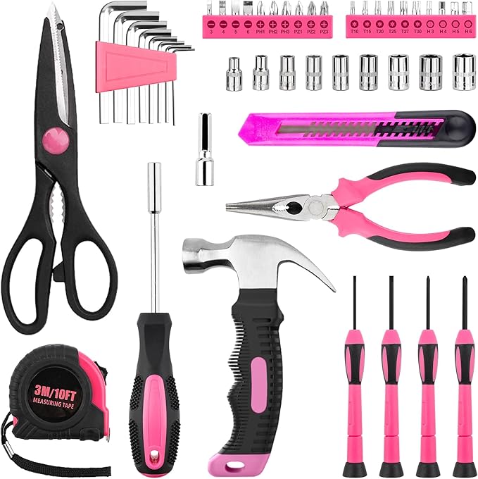 Tool Set, Mini Tool Kit, 49-Piece Household Pink Small Basic Home, Tool Set with Plastic Toolbox Tool Kit for Dorm, Great for Women,College Students, Household Use & More