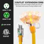 POWGRN 1 FT 2 Pack 12/3 Gauge Extension Cord with Multiple Outlets Outdoor, 3 Outlet Extension Cord Heavy Duty Yellow with Lighted, Tri-Tap Power Cable, 12AWG 15Amp 1875Watts 125Volts SJTW, ETL Listed