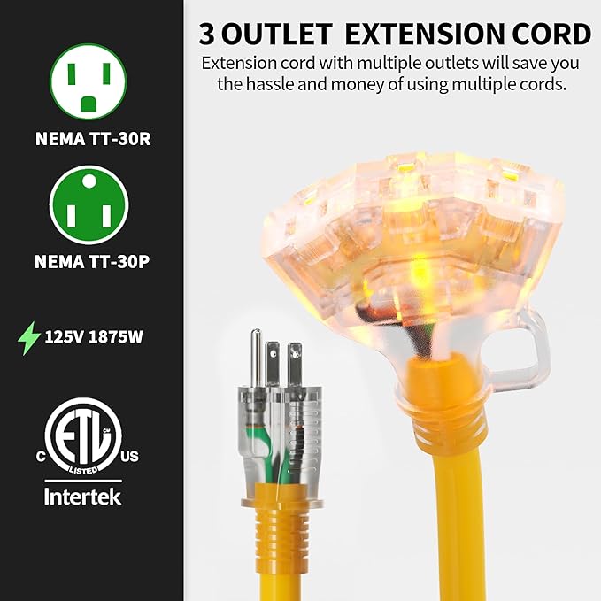 POWGRN 1 FT 2 Pack 12/3 Gauge Extension Cord with Multiple Outlets Outdoor, 3 Outlet Extension Cord Heavy Duty Yellow with Lighted, Tri-Tap Power Cable, 12AWG 15Amp 1875Watts 125Volts SJTW, ETL Listed