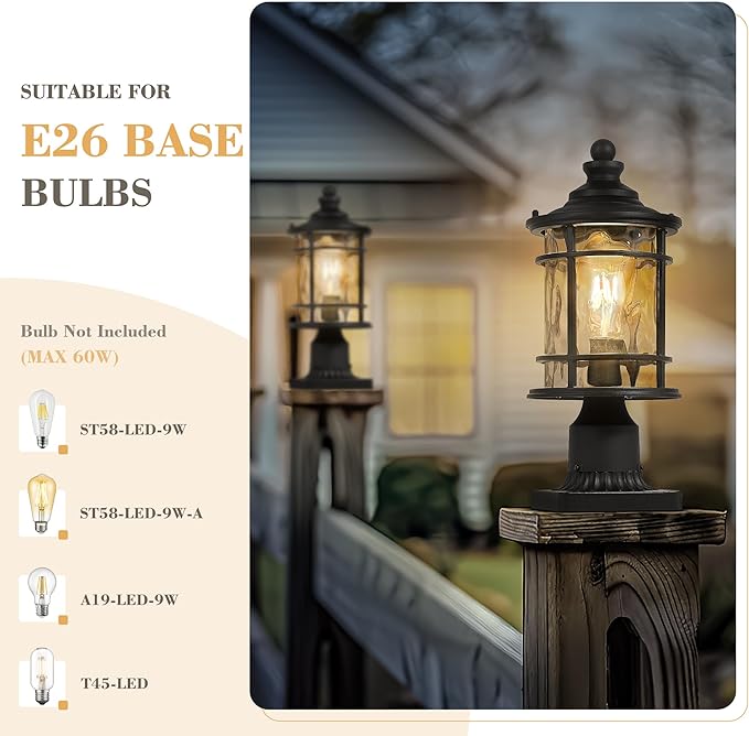 Emliviar Outdoor Post Lighting, 15 Inch Modern Vintage Exterior Pole Lantern for House Garden, Lamp Post Light with Water Ripple Glass, Black Finish, XE229P-WG BK