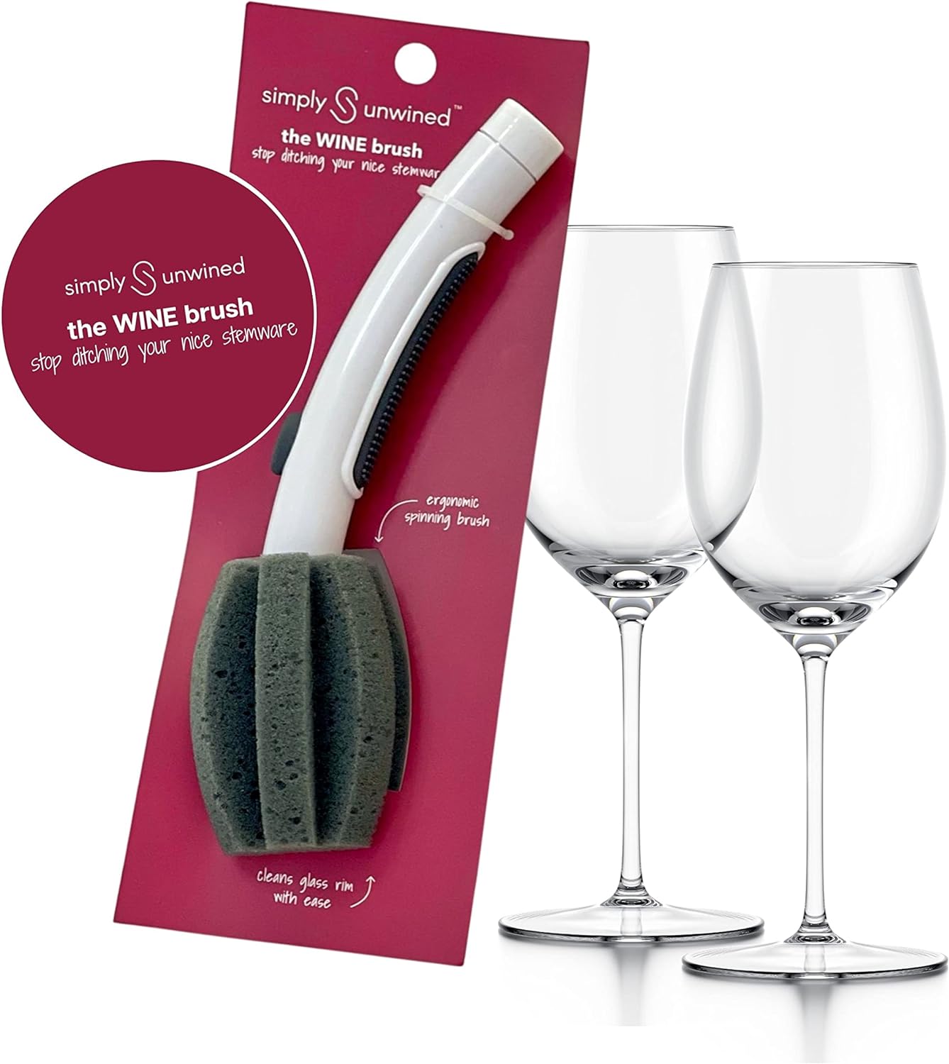 | The WINE Brush – One Step Patented Stemware Cleaning Sponge with Soap Dispenser and Replaceable Sponge Head Designed to Clean Wine Glass Rim and Bowl