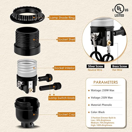 UL Listed E26 Light Socket Replacement with 3-Position Knob Switch for Brigtness Setting, 2 Lamp Shade Rings and Other Lamp Repair Parts, Compatible with Table Lamp, Floor Lamp,Light Fixture,Black(1)