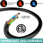 Outdoor Extension Cord 50 Ft with 3 Outlets, 12/3 SJTW 3 Prong Grounded Power Cord, 12 Gauge 12AWG Heavy Duty Power Cable, ETL Listed, 15 Amp 125 V 1875 W-Multiple Outlets for Indoor/Outdoor-Black