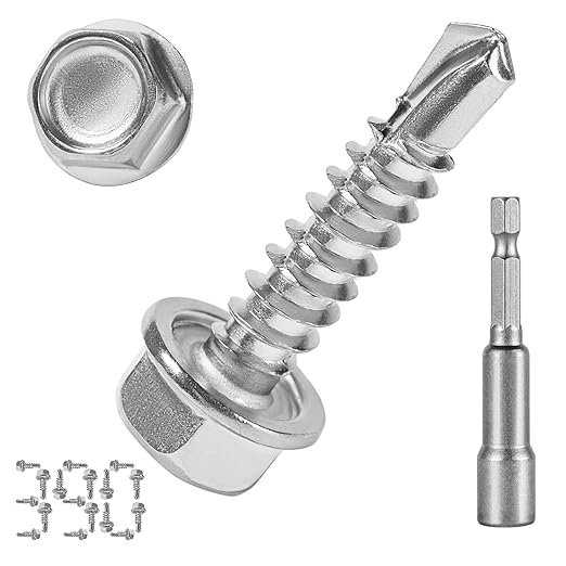 QSJ 390PCS #8 x 3/4'' Sheet Metal Screws 410 Stainless Steel Hex Washer Head Fast Self Tapping Screws with Screwdriver Bit Silver