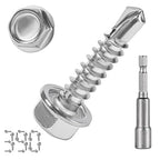 QSJ 390PCS #8 x 3/4'' Sheet Metal Screws 410 Stainless Steel Hex Washer Head Fast Self Tapping Screws with Screwdriver Bit Silver