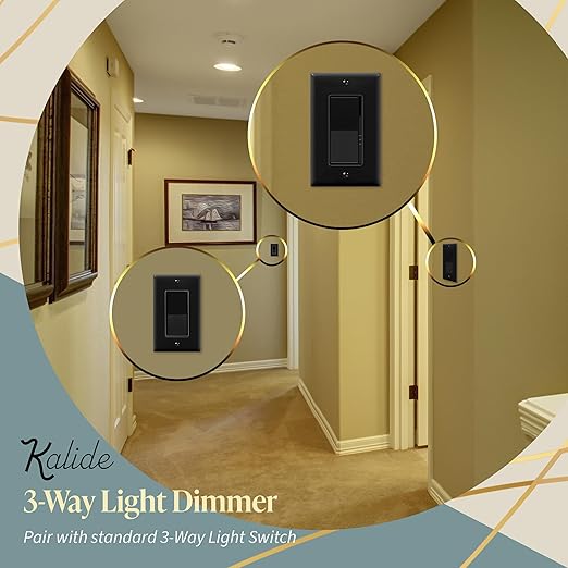 TOPGREENER Kalide Dimmer Light Switch, LED Dimmer Switch, Full Range Dimming, Single Pole/3-Way, 120VAC, 60Hz, 300W LED/CFL, Neutral Wire Not Required, Wall Plate Included, Black