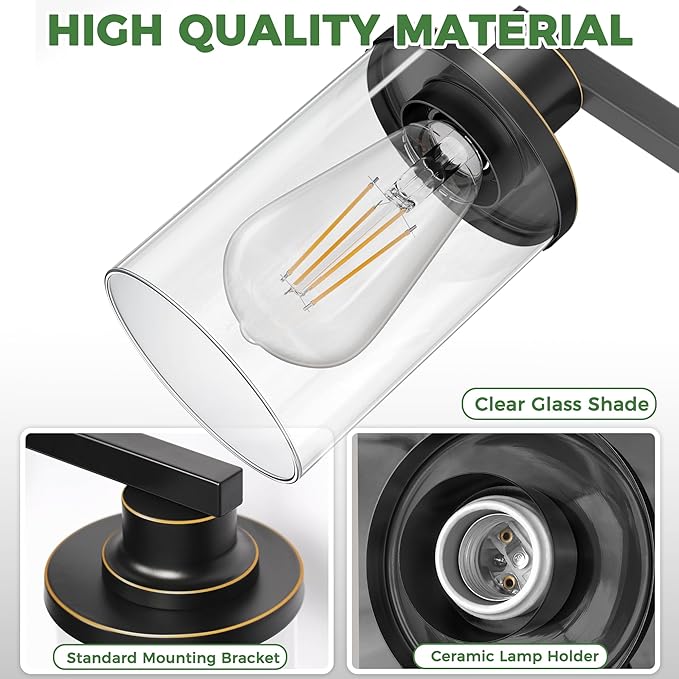 DORESshop 17 Inch Bathroom Light Fixtures, 3-Light Black with Gold Trim Bathroom Lighting Fixtures Over Mirror with Clear Glass Shade, Vanity Lights for Living Room Bedroom