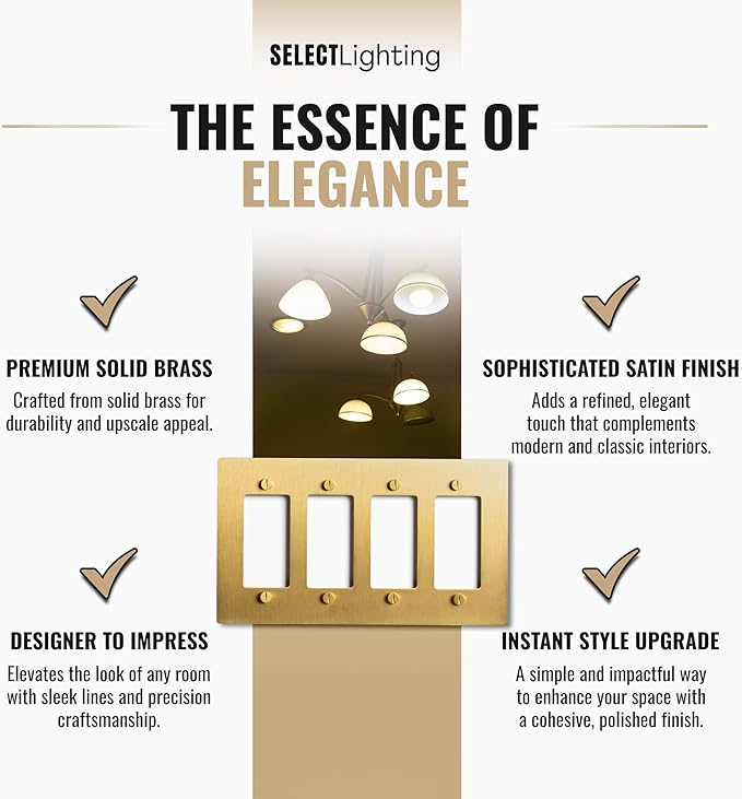 4-Gang Satin Brass Wall Plate, Electrical Receptacle Wall Outlet Faceplate, GFI/Rocker Decorator Light Switch Cover