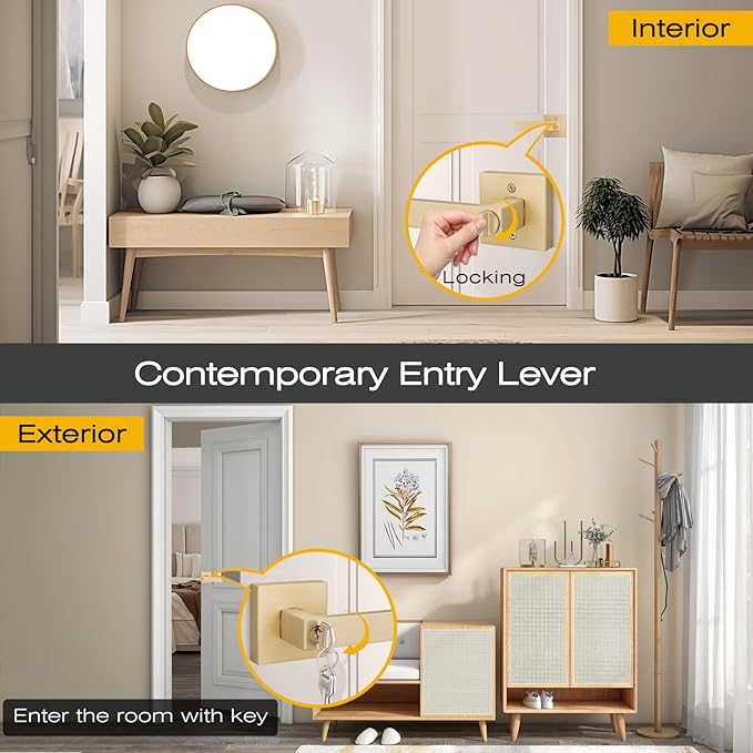 EHOMEWARE 3 Pack Door Levers with Keys, Entry Exterior Door Handles in Satin Brass Finish, Heavy Duty Bedroom Bathroom Interior Door Handles Keyed Alike