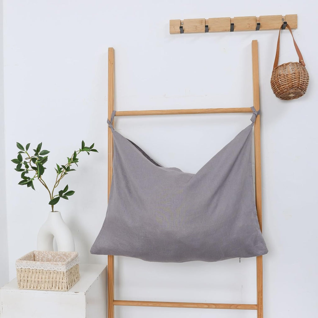 Hanging Linen Laundry Bag, 100% Pure Flax Linen Over The Door Hamper with Bottom Zipper for Laundry Room, Household Dirty Cloth Storage Organizer Bag, Gray