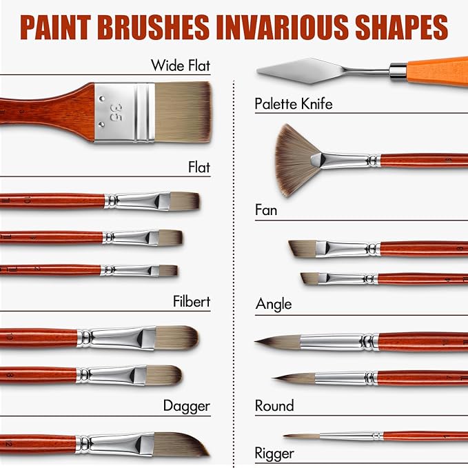 14pcs Acrylic Paint Brushes, Professional Synthetic Bristles Paint Brush Set with Extra Palette Knife - Flat, Filbert, Fan, Dagger, Round, Angle, Rigger Paint Brushes for Oil, Acrylic Canvas Paintings
