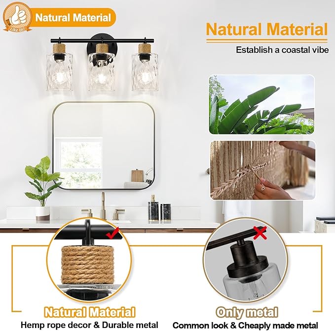 2025 Upgrade Bathroom Light Fixtures, 3-Light Coastal Vanity Lights with Crystal Glass Shade, Black Bathroom Wall Lamp for Mirror Kitchen Hallway Cabinet