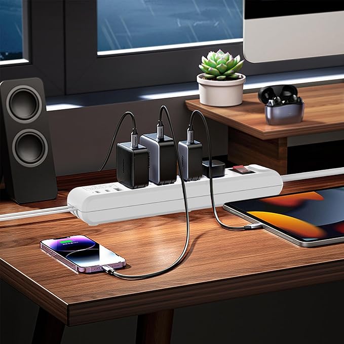 4-Outlet 6.5Ft Long Cord 2500W Power Strip Build-in Charging Cable and2 Type C (PD 23W) & USB (QC 3.0 5V3A) Fast Charging Ports (White)