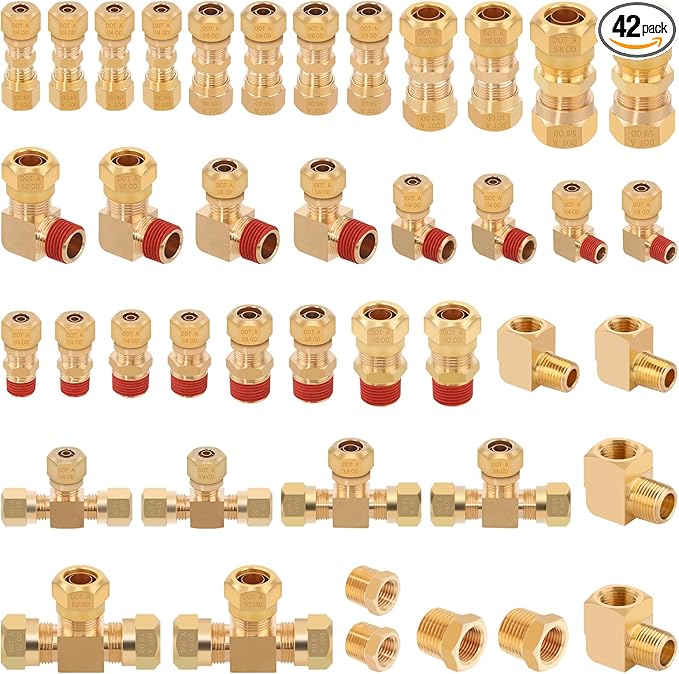 42 PCS DOT Air Brake Line Fittings, Brass Compression Air Nylon Tubing Fittings Repair Assortment 1/8" 1/4" 3/8" 1/2" 5/8" For Trucks or Industrial Air System