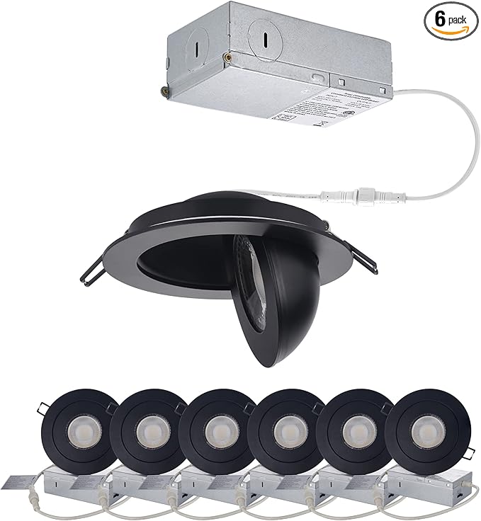 Gimbal LED Recessed Light - 4 Inch Black 9W 360° Rotation Directional Adjustable Eyeball Sloped Ceiling Recessed Lighting 4 inch Light Wafer Soffit Indoor Spotlight Canless Black 4 inch 6 Pack