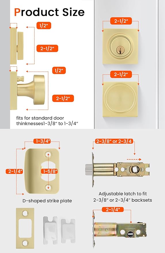 Haidms Brushed Gold Door Knob with Deadbolt, Zinc-Alloy Gold Exterior Door Knobs, Heavy Duty Brass Front Door Knob and Deadbolt Set(2 Pack)