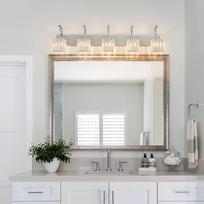 Crystal Vanity Lights 5-Light Chrome Bathroom Vanity Lights Modern Crystal Bathroom Light Fixtures Over Mirror 42.51" Long Vanity Light for Bathroom