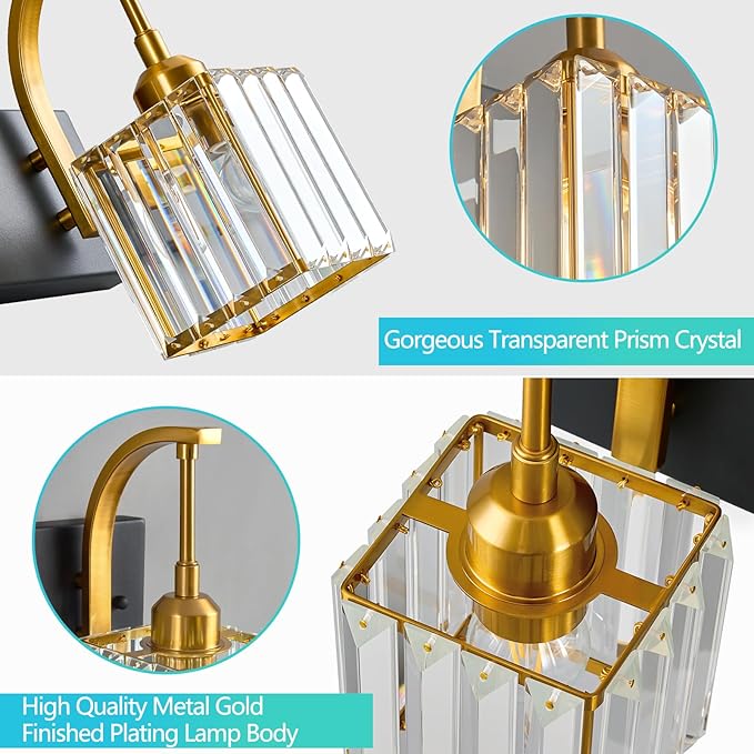 Crystal Vanity Lights 4-Light Black Gold Bathroom Vanity Lights Modern Crystal Bathroom Light Fixtures Over Mirror 32.67" Long Vanity Light for Bathroom