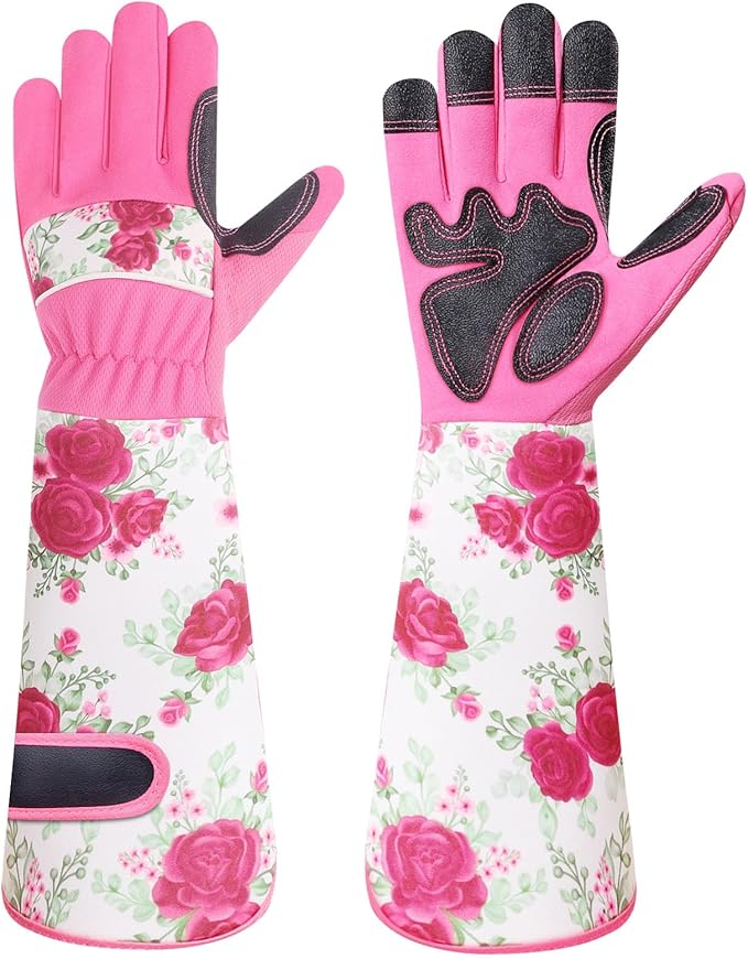 DLY Gardening Gloves for Women, Rose Gloves Gardening Thorn Proof, Long Garden Gloves for Women, Breathable & Durable Leather Gauntlet(Medium, Rose Red)
