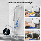 Commercial Faucet with Sprayer for Kitchen Cook : Akwadu Wall Mount Commercial Kitchen Faucet with Pull-Down Pre Rinse Sprayer 8" Center with 12" Add-On Spout - 36" Height Sink Faucets for Staff Chef