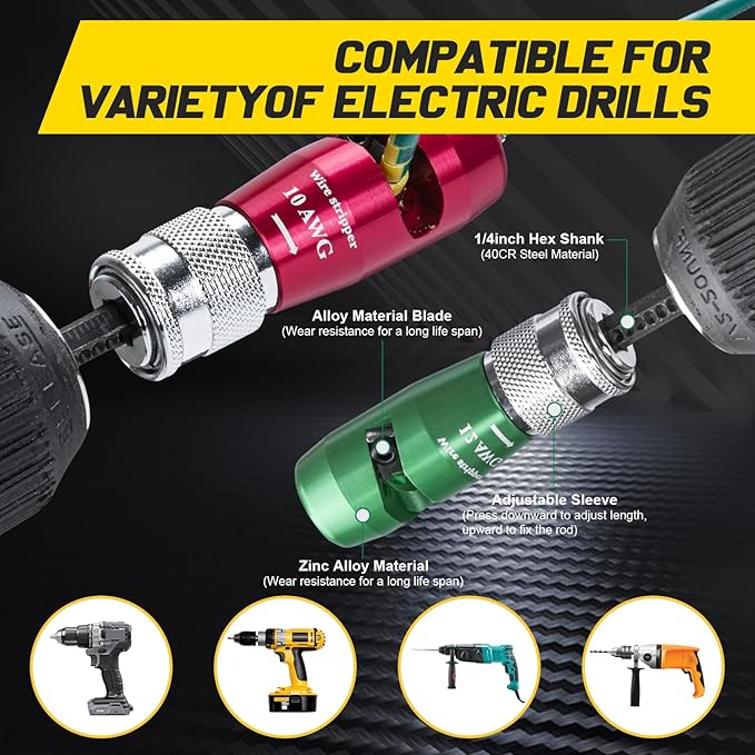Wire Stripper for Drill - 2025 Upgraded Electric Wire Stripping and Twisting Tool for AWG 14-12-10, Wire Stripper Tool for Power Drill, Nut Twister Stripping and Connector Kit (6PCS)