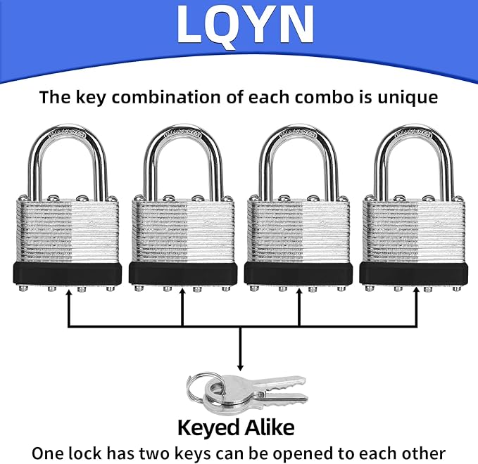 Padlocks with Same Key, LQYN 100 Pcs Laminated Keyed Padlock (1-9/16", 40mm), Keyed Alike Locks, Normal Shackle, for Storage Locker, Hasp Latch, Toolbox, Sheds